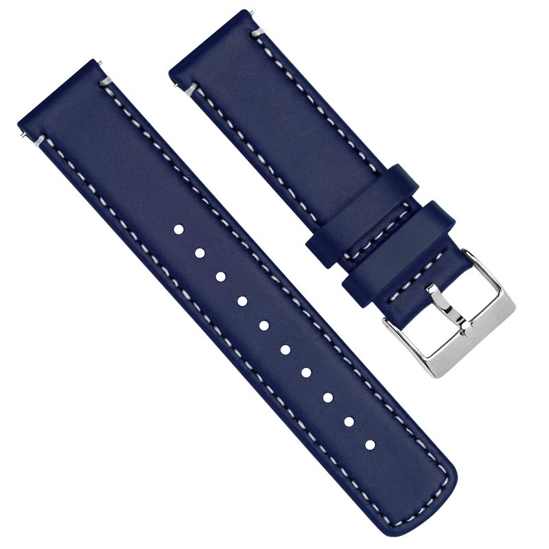 BARTON WATCH BANDS Quick Release Top Grain Leather Watch Band Strap, Navy Blue Leather/Linen White Stitching, 22mm - Image 3